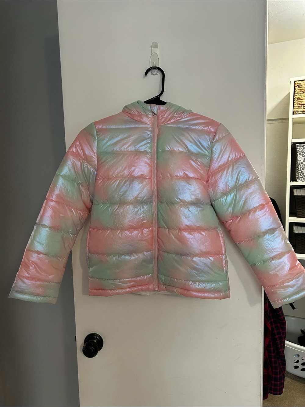 Girls size 10/12 Iridescent Pastel Puffer Jacket - Pink & Mint